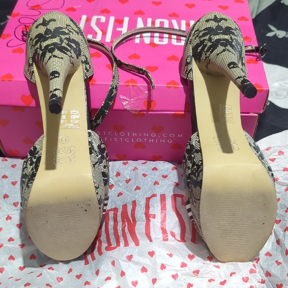 Iron Fist Black and Cream Striped Heels with Pink Accents - Picture 2 of 4